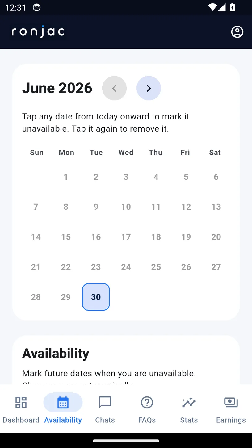 The availability calendar in the Ronjac driver app.