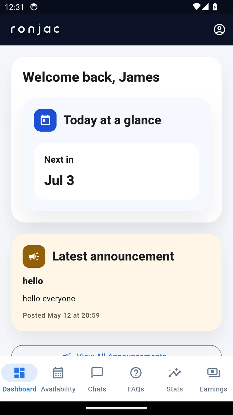 The Ronjac driver app home screen showing today's shift, vehicle check and announcements.